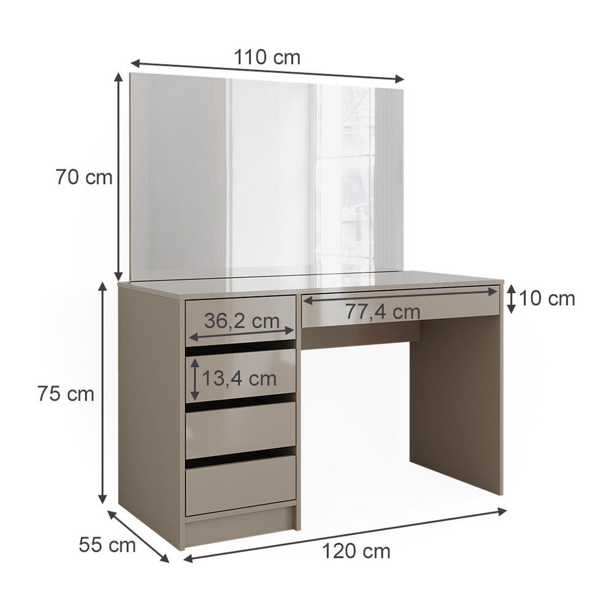 SCHMINKTISCH Sherry Greige 120 cm mit Spiegel - Greige, Holzwerkstoff (120/75/55cm) - Vicco