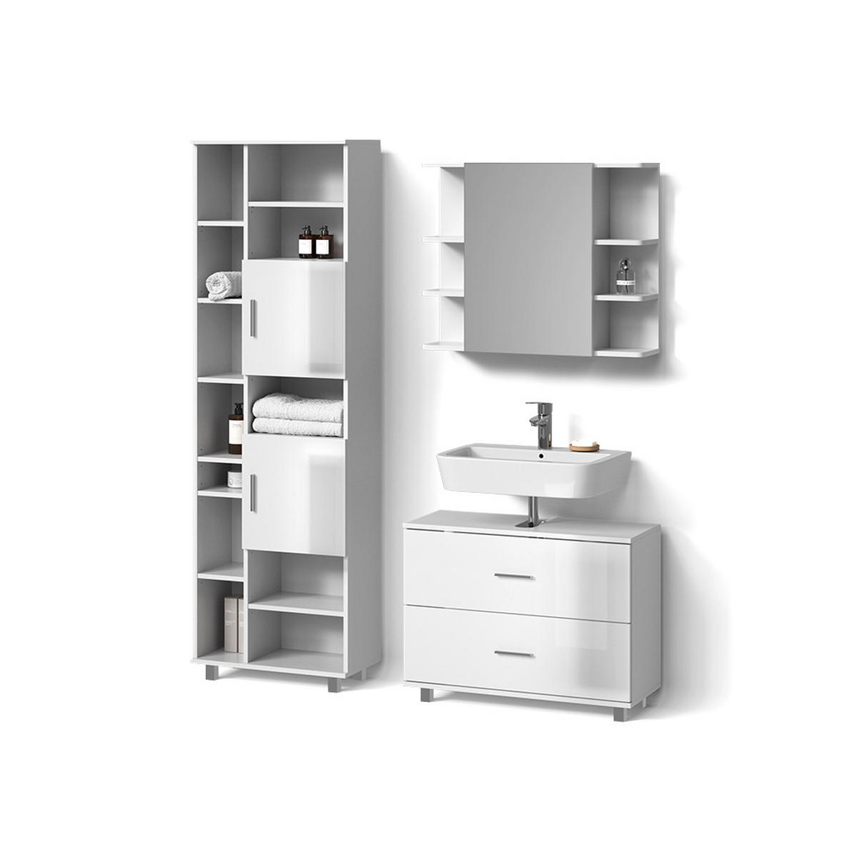 BADMÖBEL-SET Eisak Weiß Hochglanz 3 Teile, mit Hochschrank - Weiß Hochglanz/Weiß, Holzwerkstoff (80/60/33cm) - Livinity®