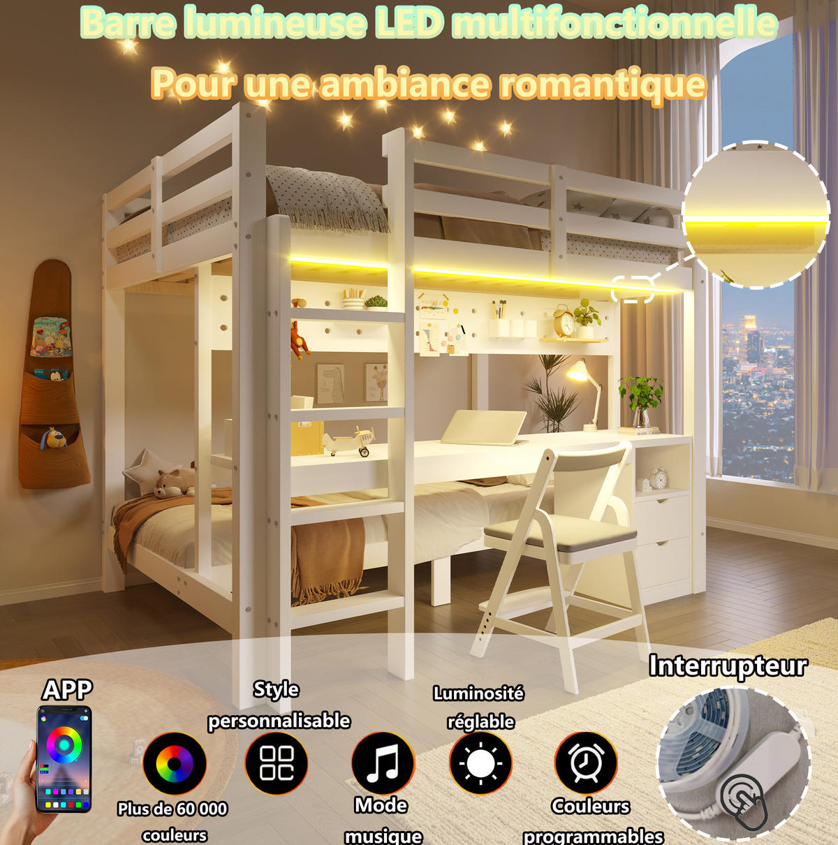 HOCHBETT 90/140/200 cm mit Schubladen, Schreibtisch und LED-Lichtleiste, Weiß/Natur - Weiß, Holz (90/200cm) - Redom