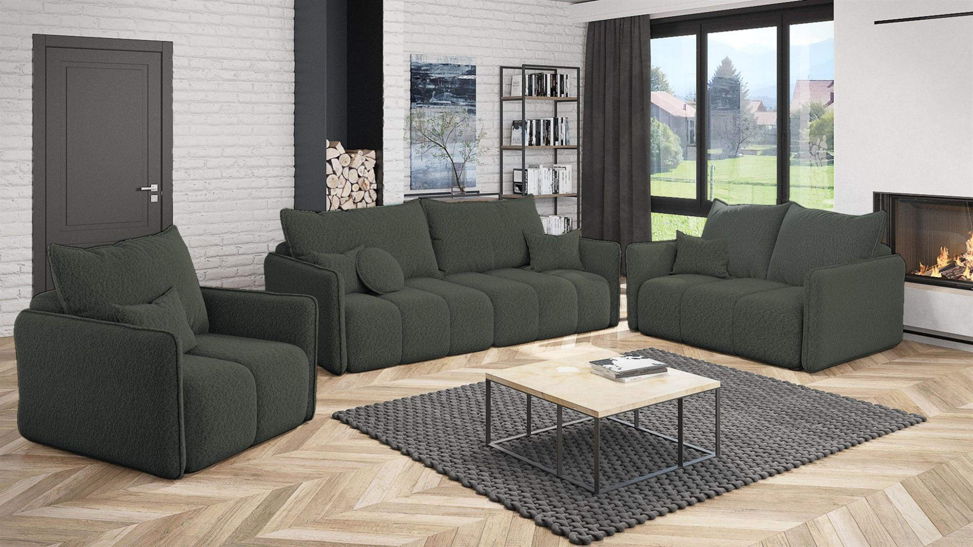SOFASET Morgano 3-2-1 - Anthrazit, Holzwerkstoff/Textil (216/86/102cm) - Fun Möbel