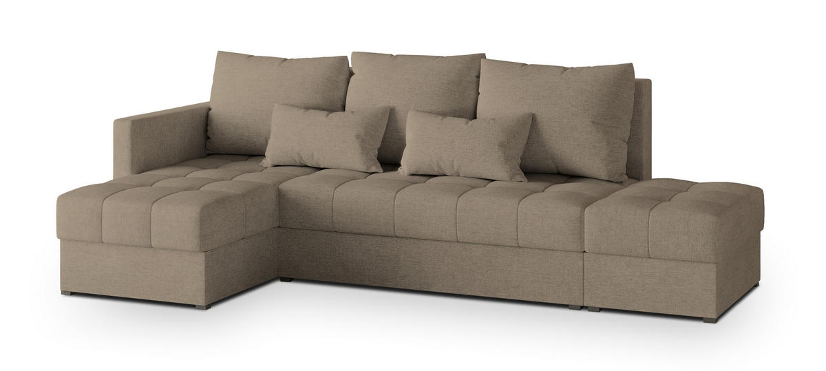 ECKSOFA LUMARI L-S Braun Plüsch-Stoff mit Schlaffunktion - Braun, Holz (262/143cm) - MASSENO