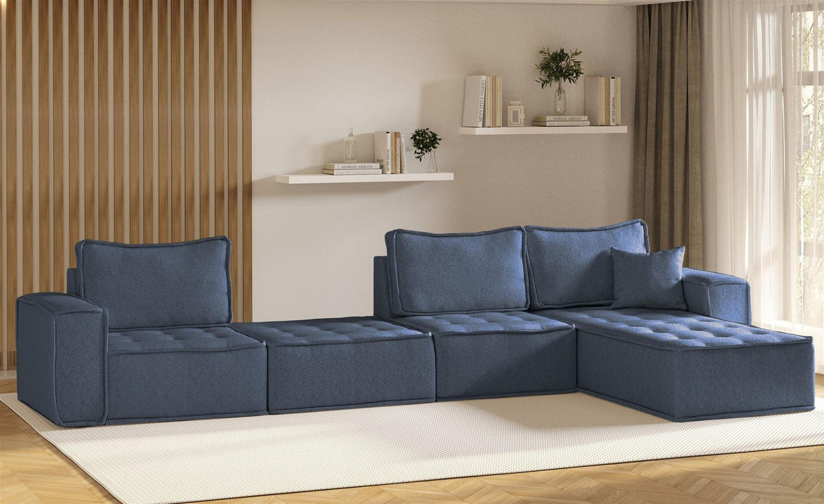 ECKSOFA Sande Xl In Raven - Blau, Holzwerkstoff/Textil (372/192cm) - Fun Möbel