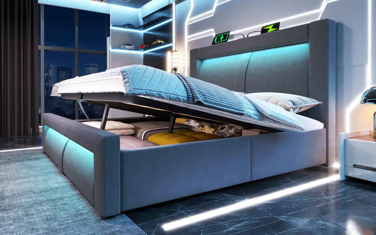 POLSTERBETT 140/200 cm grau aus Samt mit Stauraum, LED und Ladefunktion - Grau, Textil (140/200cm) - OKWISH
