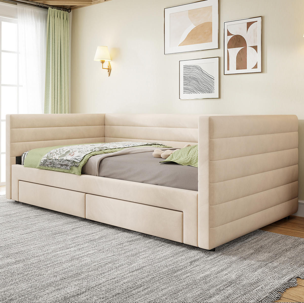 AUSZIEHBARES Polsterbett aus Baumwolle und Leinen 90x190 cm Beige, erweiterbar auf 180x190 cm - Beige, Textil (90/190cm) - IVMEU