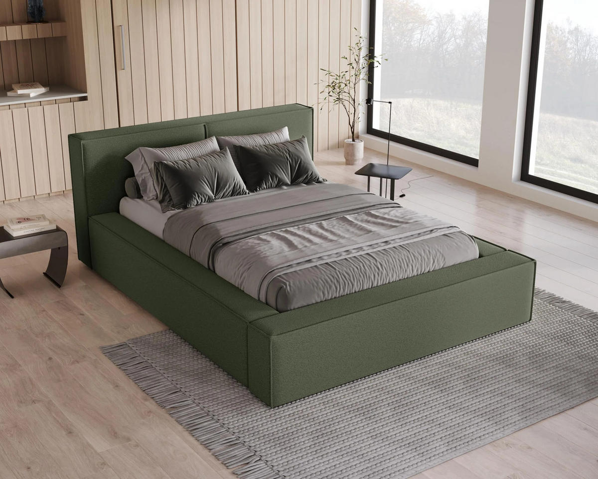 POLSTERBETT Lugano 160x200 cm mit Bettkasten und elegantem Kopfteil - Bouclé Grün - Grün, Holz/Textil (160/200cm) - Chilly
