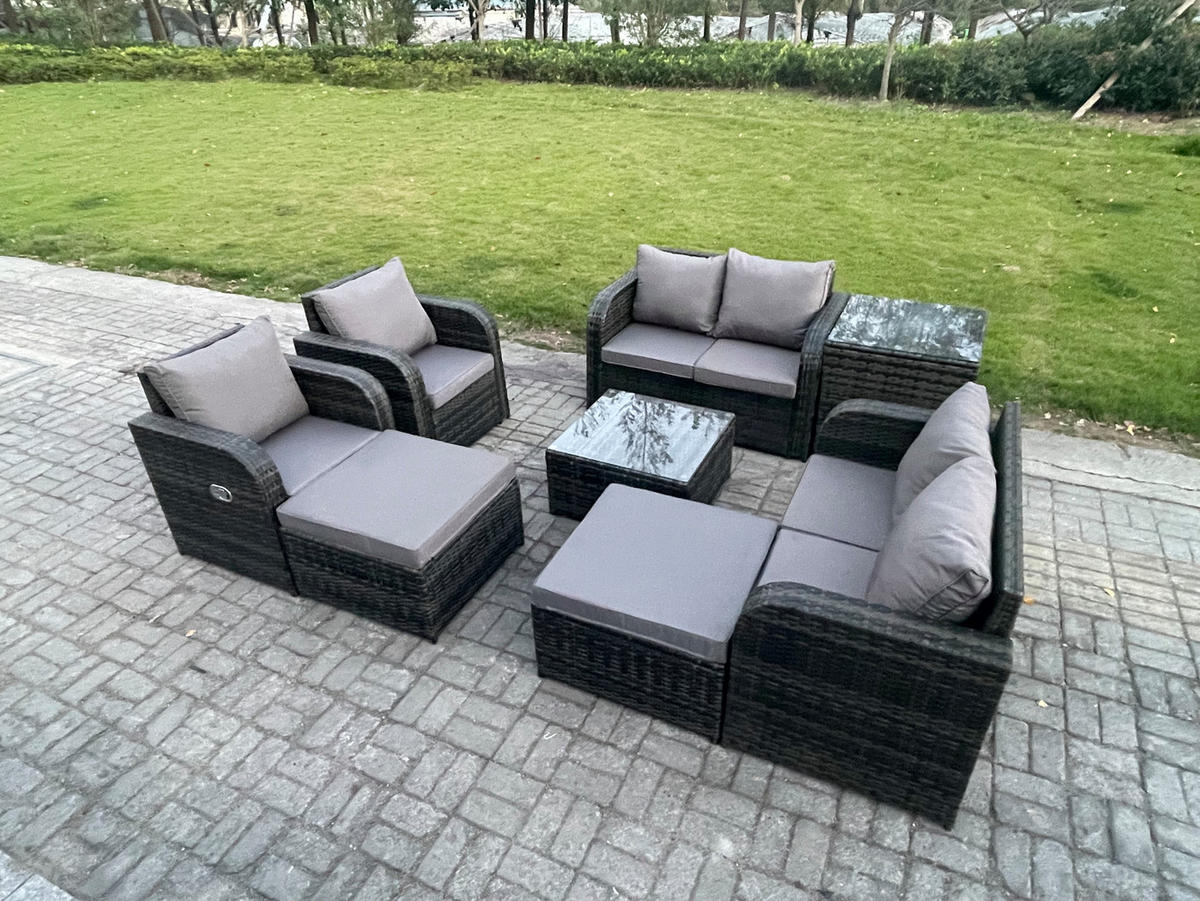 GARTENMÖBELGARNITUR Polyrattan Dunkelgrau 8-Sitzer - Dunkelgrau, Metall - Fimous