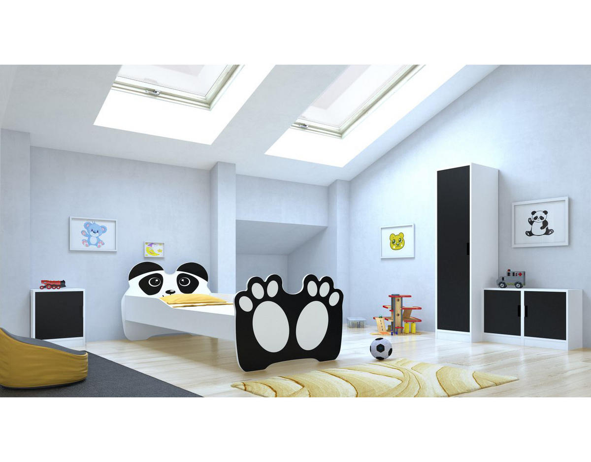 KINDERBETT Bear weiß / Motiv Pandabär 88 / 164 / 63cm - Schwarz/Weiß, Holz/Holzwerkstoff (80/160cm) - Feldmann-Wohnen