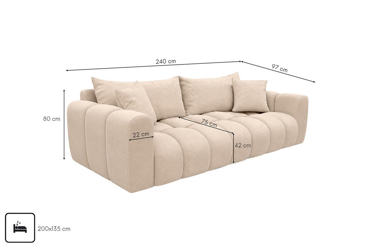 ROZKLÁDACÍ POHOVKA s úložným prostorem, velurová tkanina Bluvel, Krémová, COSMOPOLITAN - krémová, dřevo (240/97cm) - Kaiser Möbel