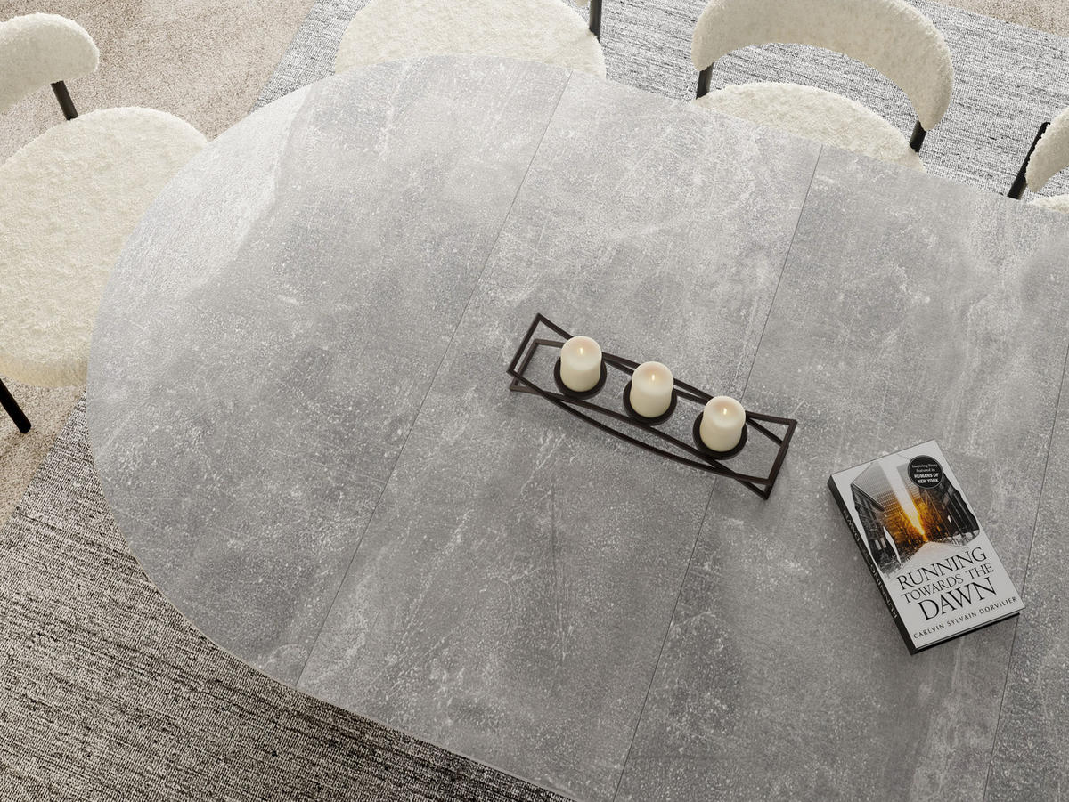 ESSTISCH Naro rund ausziehbar mit Weißem Lamellen-Metallgestell, Grauer Beton 120-200/120/76 cm - Hellgrau/Weiß, Holzwerkstoff/Metall (120/120/76cm) - WFL GROUP