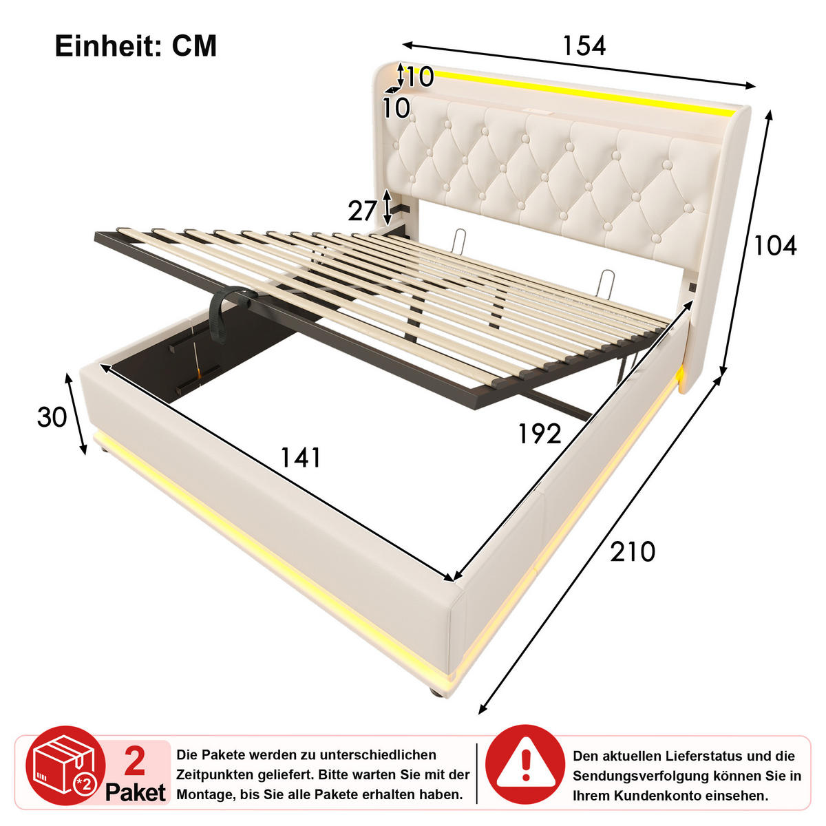 ČALOUNĚNÁ POSTEL 140 × 190 cm v bílé barvě s úložným prostorem, LED osvětlením a USB/USB-C - bílá, kov/kompozitní dřevo (140/190cm) - WISHDOR
