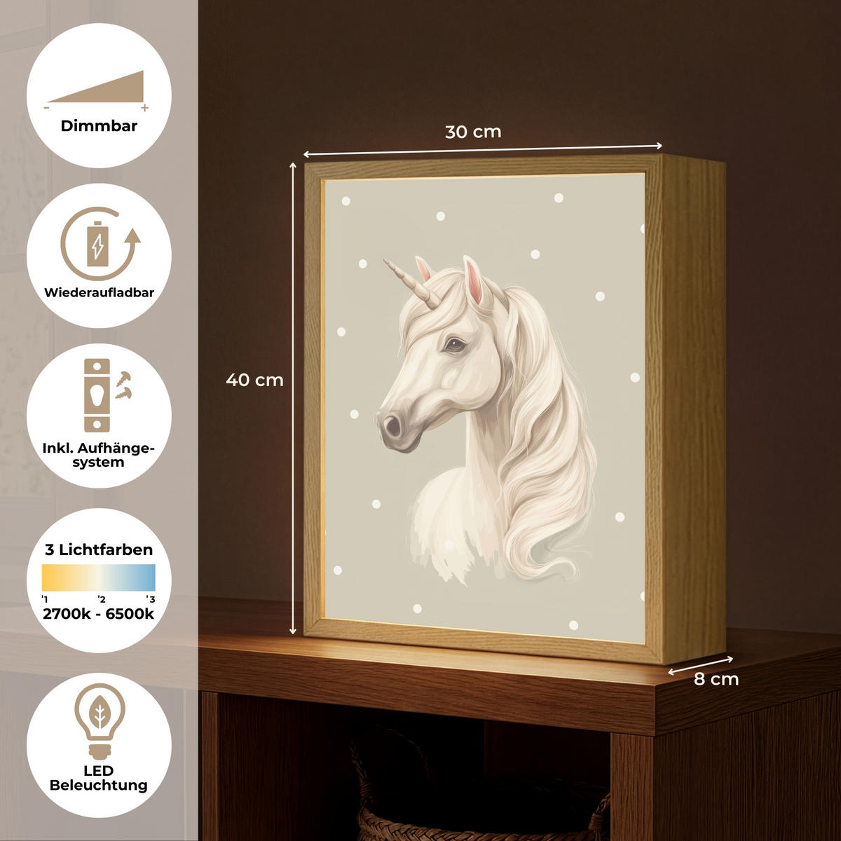 NÁSTĚNNÁ LAMPA S AKUMULÁTOREM Jednorožec - bílý - tečky 30x40 cm - šedohnědá, kompozitní dřevo (30/40/8cm) - OnlyWow