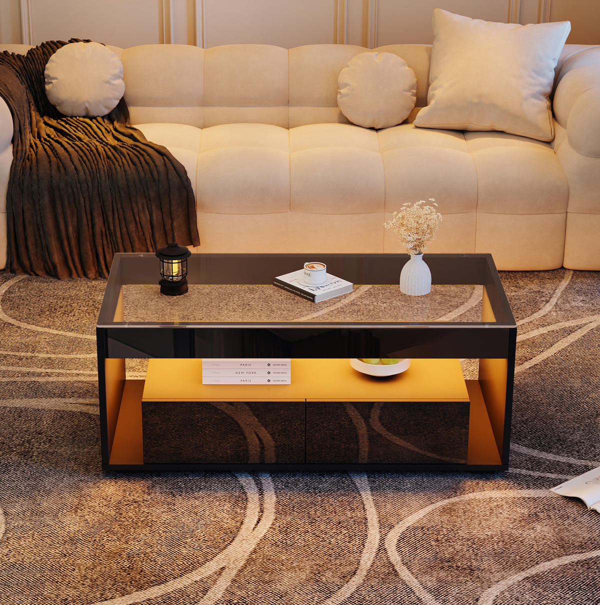 COUCHTISCH 100/50 cm mit LED-Beleuchtung und 2 Schubladen, Schwarz - Schwarz, Holzwerkstoff (100/50/40cm) - BEAOK