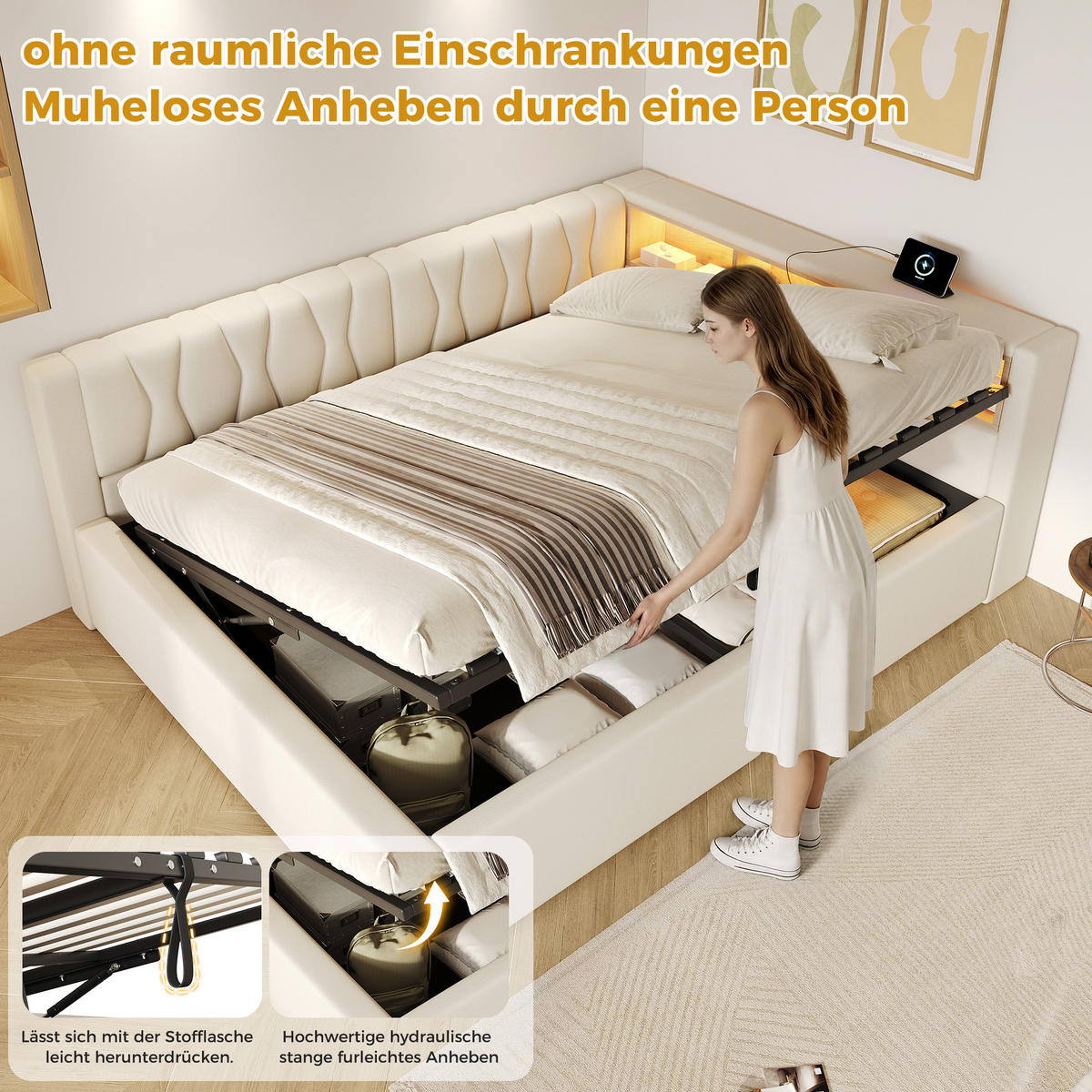 TAGESBETT 140x200cm Schlafsofa Hydraulik LED USB Beige - Beige, Naturmaterialien (140/200cm) - FLIEKS