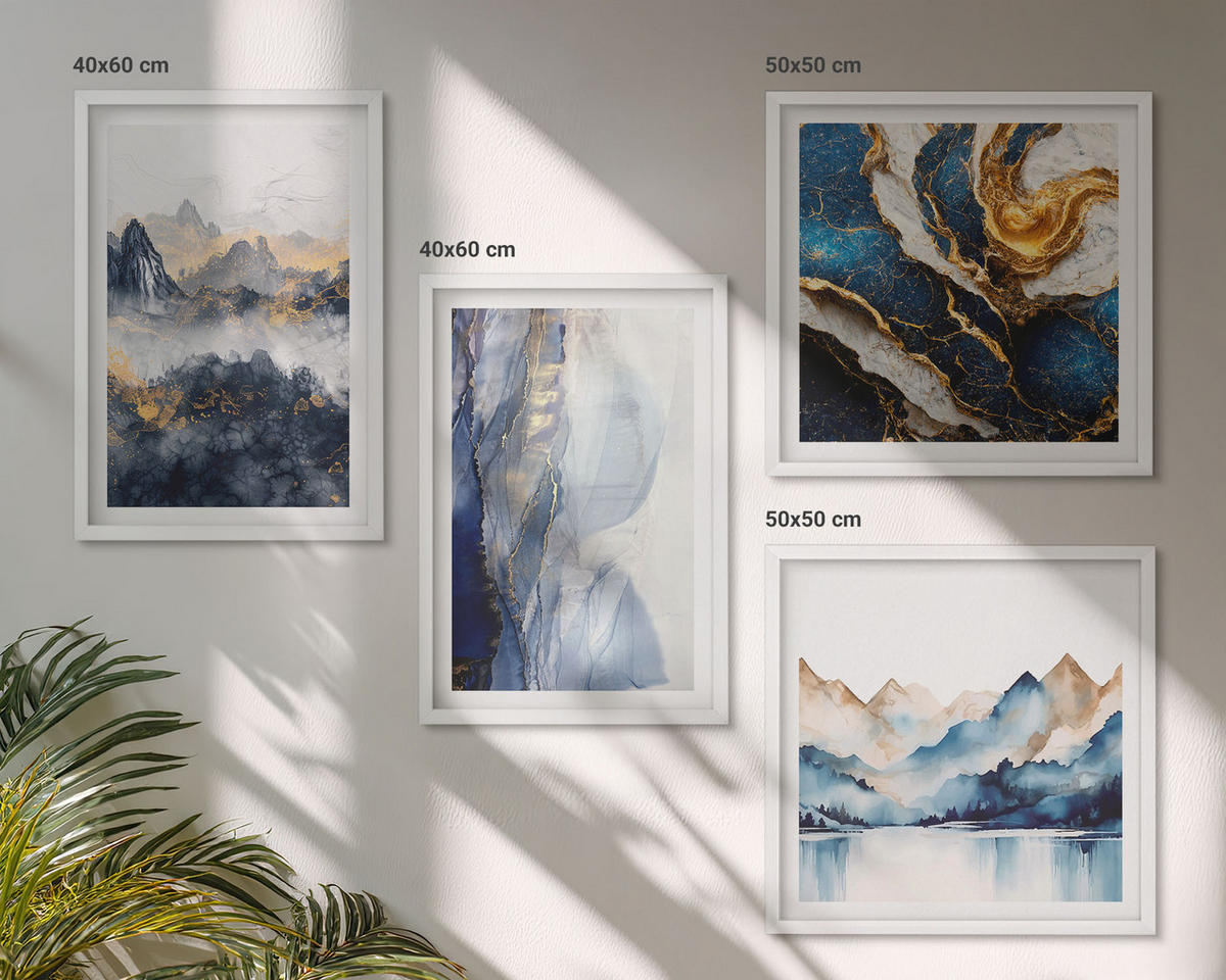 WANDBILDER 4er-Set - 50x50 cm & 40x60 cm Weißer Rahmen - Blaue Berglandschaften - Weiß, Kunststoff (50/50cm) - ArtPrintCave