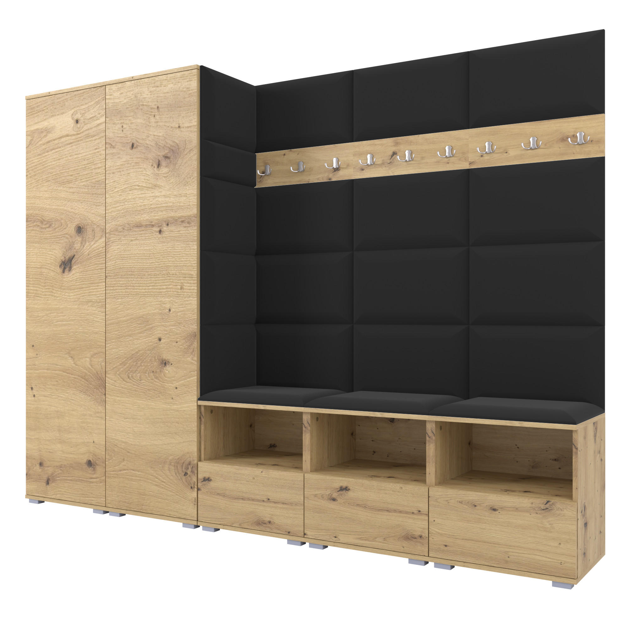 GARDEROBE NELA VII 250 cm (Modulare Flurmöbel XL Artisan Eiche mit Sitzpolster Schwarz 16 2 Schränke) - Silberfarben/Schwarz, Holz/Holzwerkstoff (250/187/40cm) - Ravio