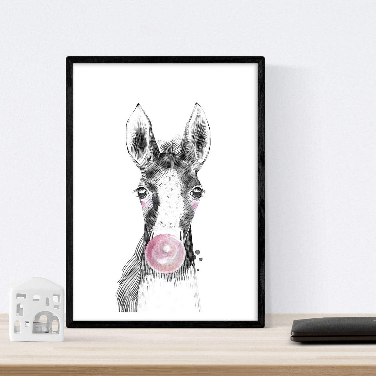 POSTER Set Mit 6 Tiere Babys Mit Kaugummi Zebra Schweinefleisch Giraffenwild Hirsch Kuhpferd A3 Schwarzer Rahmen - Schwarz, Papier (29/3cm) - Nacnic