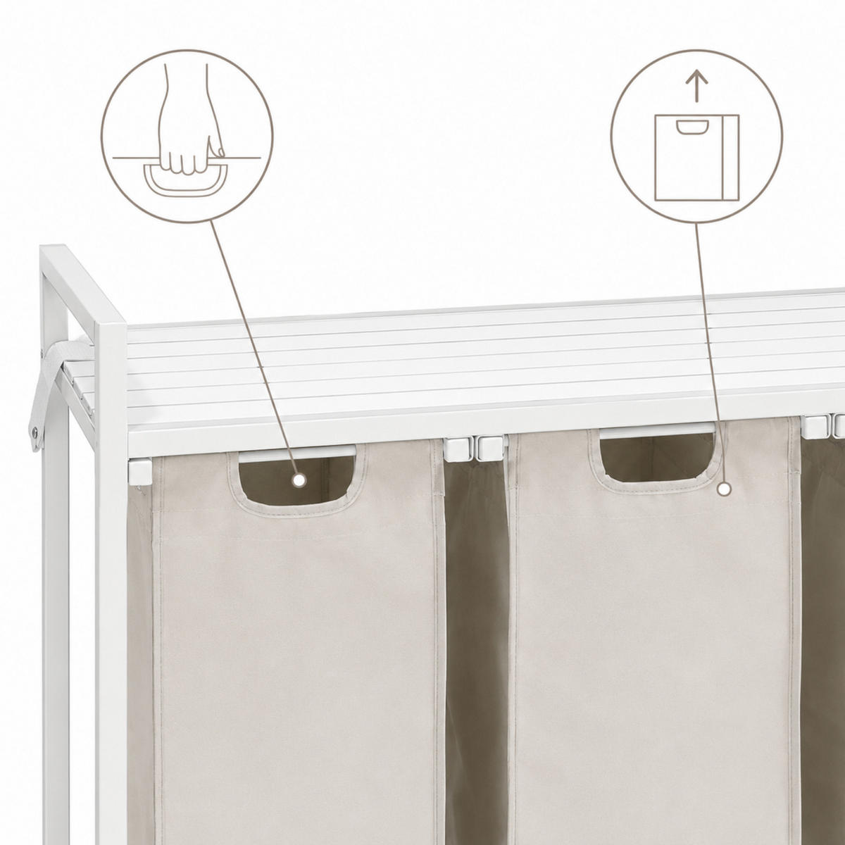 WÄSCHEKORB Metall Stoff MDF Weiß Beige 3 Wäschesäcke 114l 92,5x33x71 cm - Beige/Weiß, Metall (92.5/71/33cm) - Begryf