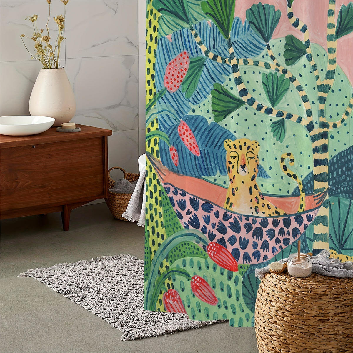 DUSCHVORHANG Dschungel dekorativ Muster mit Haken Badewanne - Multicolor, Textil (180/180cm) - MCBOSON