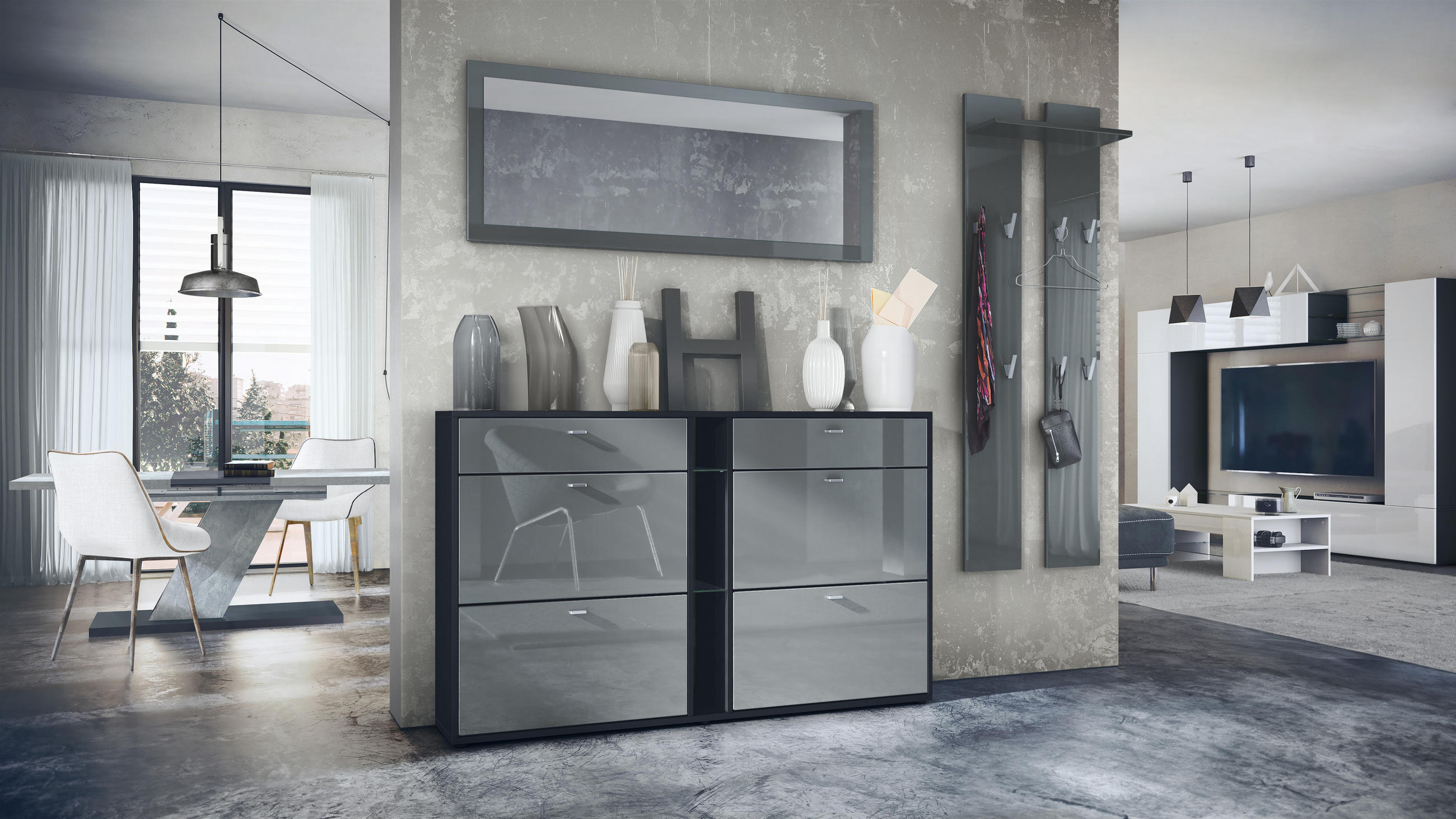 GARDEROBE Orlando Grau Hochglanz - Grau, Holzwerkstoff (215/210/28cm) - Vladon
