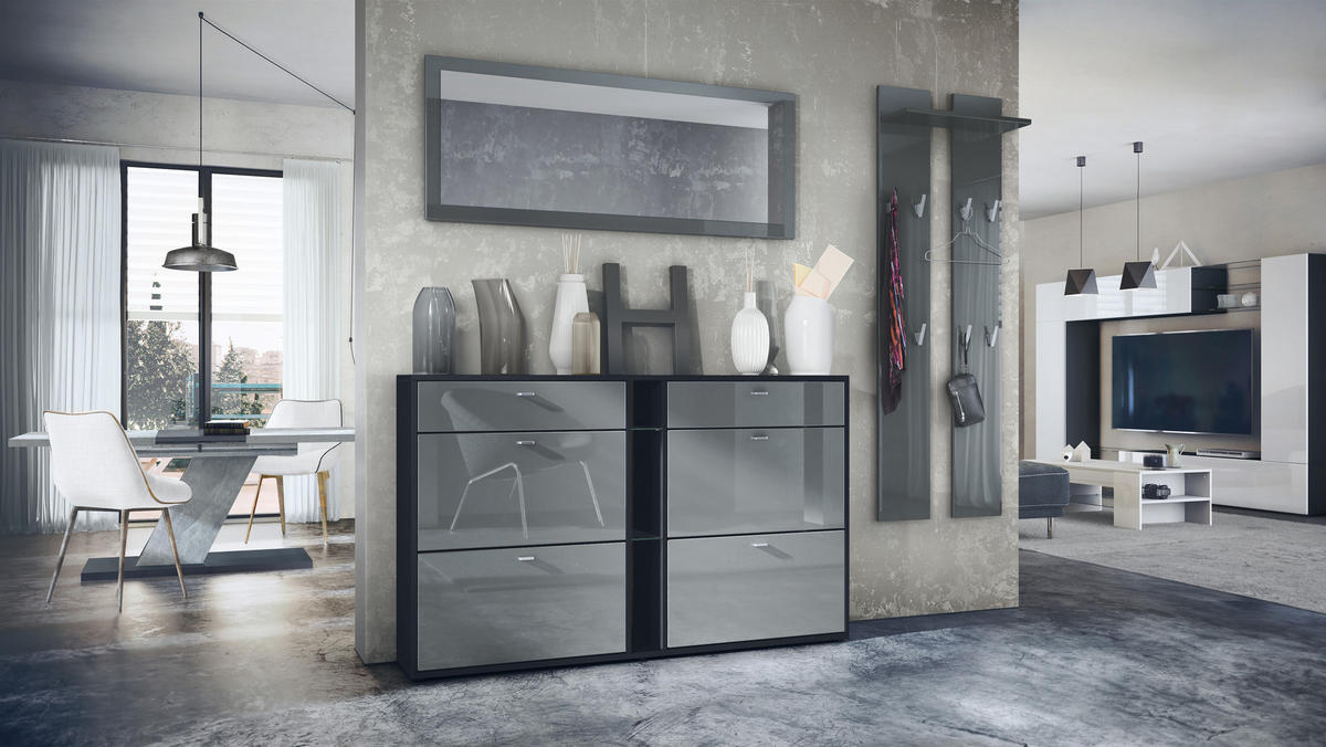 GARDEROBE Orlando Grau Hochglanz - Grau, Holzwerkstoff (215/210/28cm) - Vladon