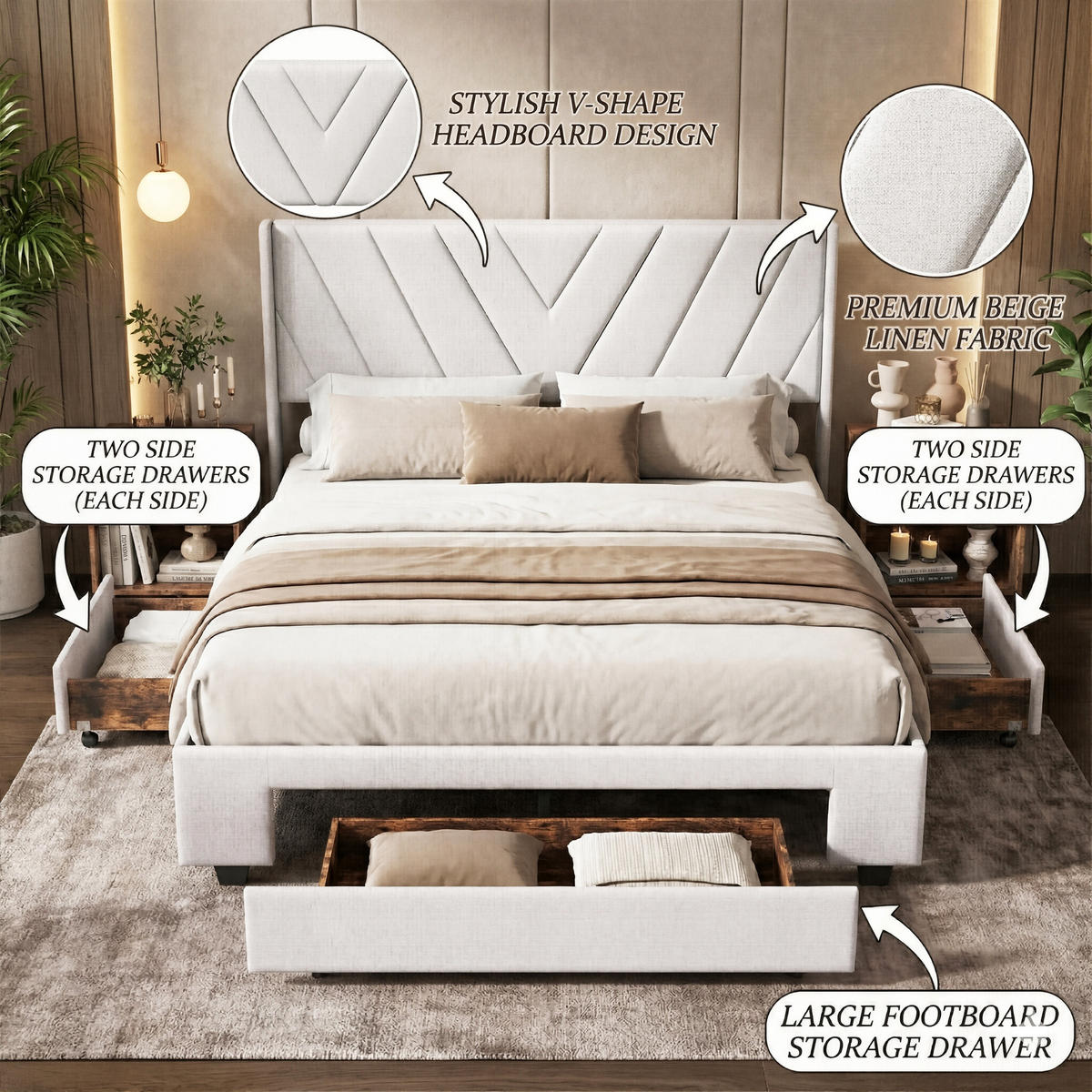 POLSTERBETT Geometrisch 140/200 cm mit 3 Schubladen Leinenoptik Beige - Beige, Textil (140/200cm) - Creahappy