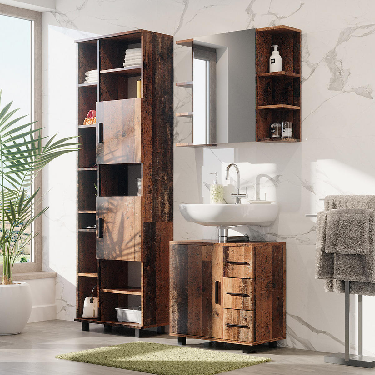 BADSCHRANK Ilias Eiche rustikal 60 x 190 cm mit Türen und offenen Fächern - Wildeiche, Holzwerkstoff (60/190/30cm) - Vicco