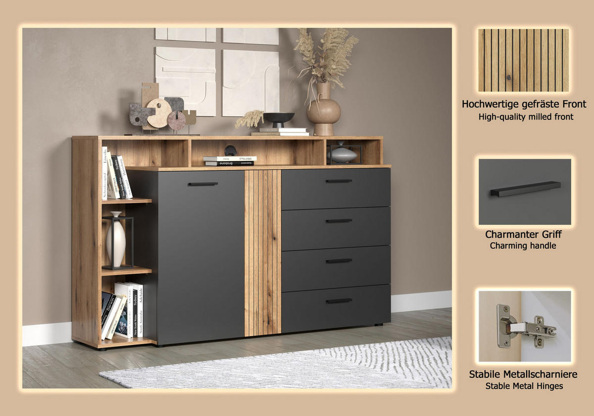 KOMMODE Esteban Anthrazit 168 / 101 / 38 cm - Anthrazit, Holzwerkstoff (168/101/38cm)