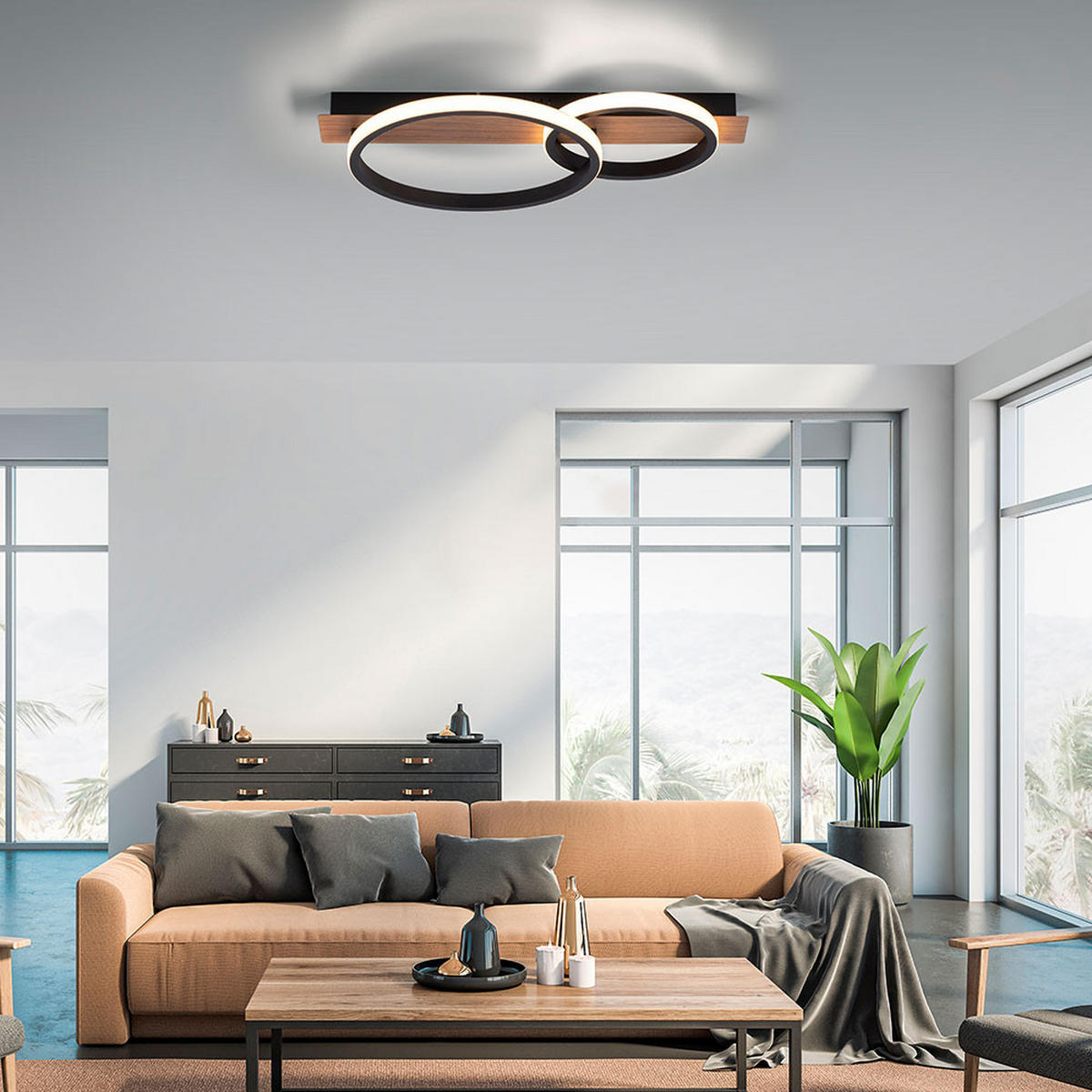 LED DECKENLEUCHTE Metall Schwarz Holzoptik - Schwarz, Kunststoff (53/30/8cm)