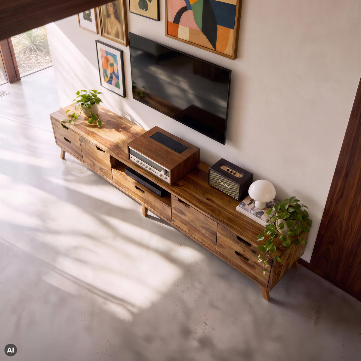 TV-BOARD Sheesham 260x40x48 natur sandgestrahlt lackiert MALMÖ 2 #226 - Naturfarben, Holz (260/48/40cm) - Massivmoebel24