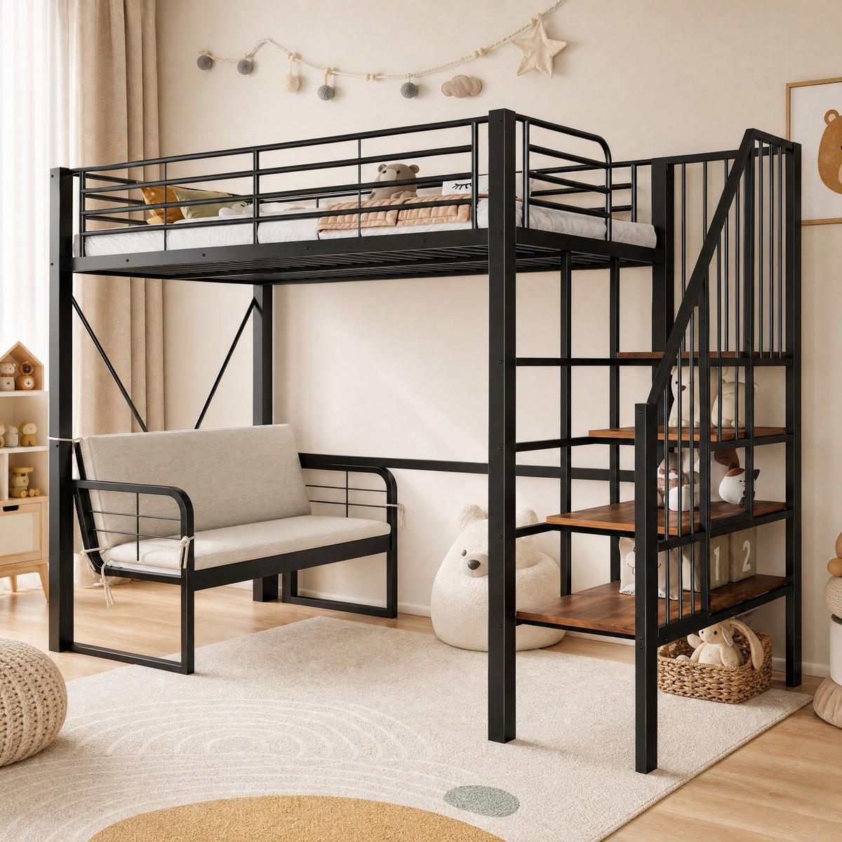 HOCHBETT 90/200 mit Polstersofa, Stauraumtreppe und Metallrahmen in Schwarz - Schwarz, Holzwerkstoff/Metall (90/200cm) - EVRYAE