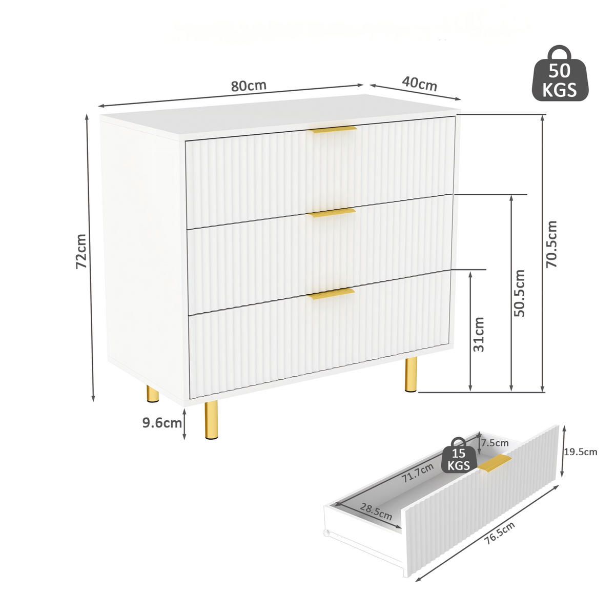 KOMMODE aus MDF 40x80x72 cm Weiß mit 3 Schubladen und goldfarbenen Metallbeinen - Weiß, Holzwerkstoff (80/72/40cm) - Modfu