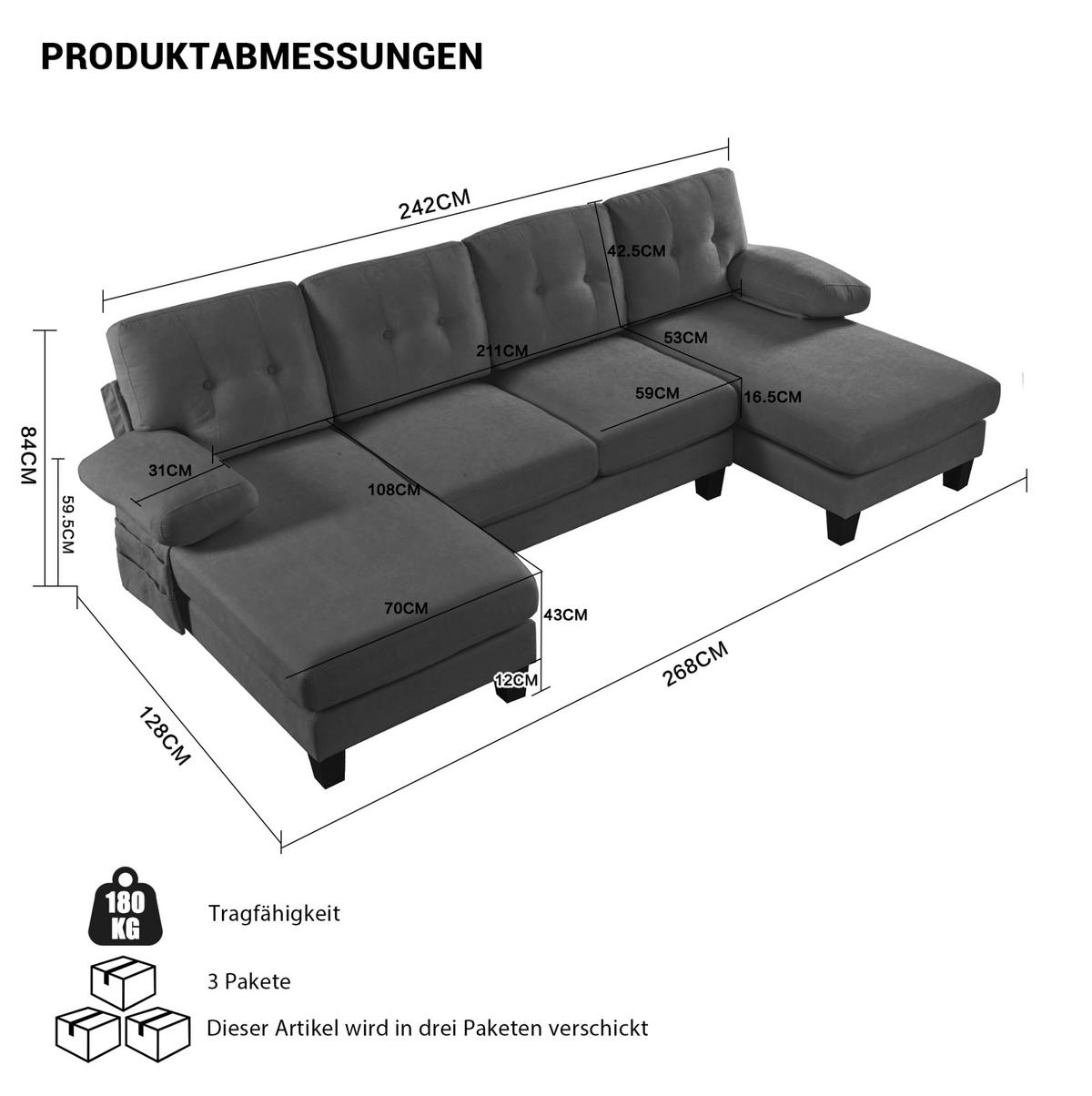 WOHNLANDSCHAFT aus Chenille 268x128x84 cm in Grau mit Doppel-Chaiselongue - Grau, Textil (128/84/268cm) - Modfu