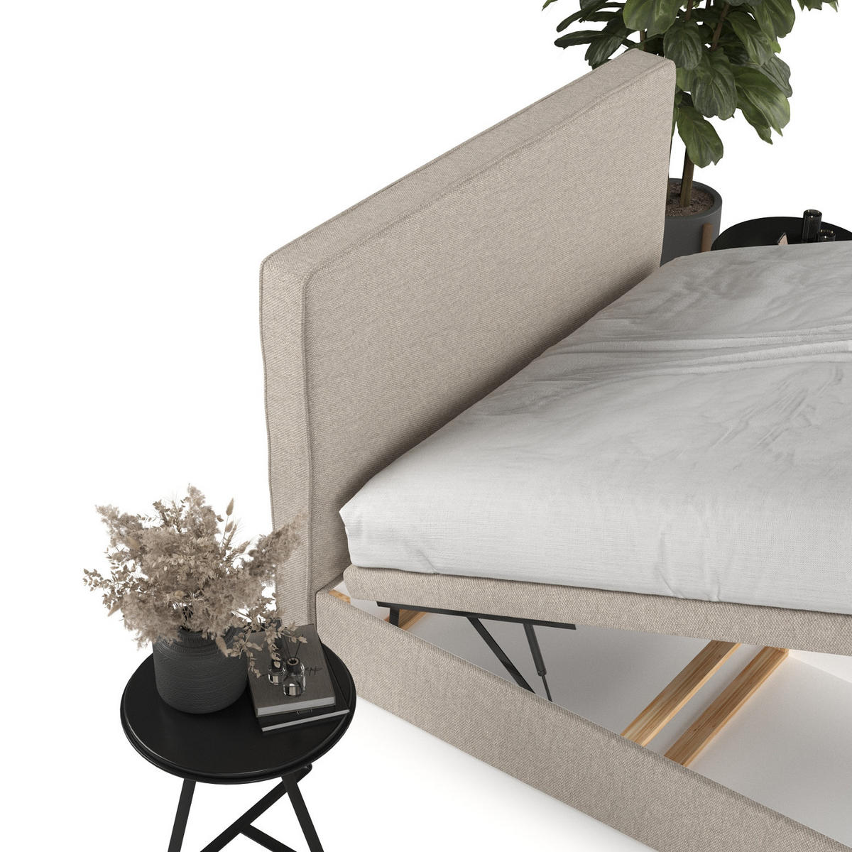 POLSTERBETT Hush mit Stauraum 140/200 cm Hellbeige im Megan Stoff - Sandfarben/Schwarz, Holz/Holzwerkstoff (140/200cm) - AltaBeds