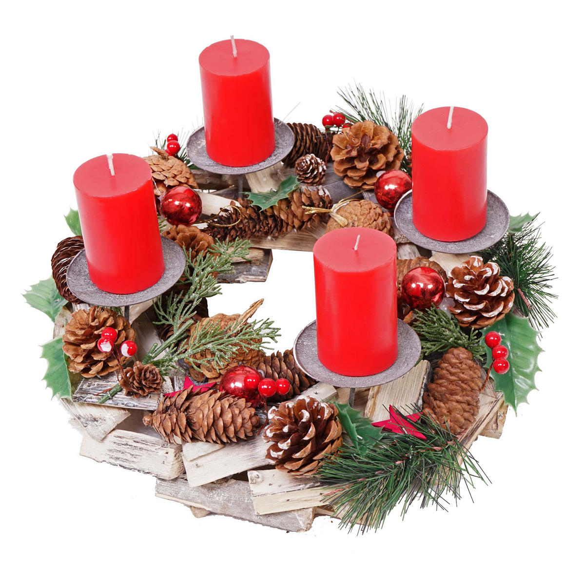 ADVENTSKRANZ HOLZ MIT KERZEN ROT Grau, Multicolor, Rot - Rot/Multicolor, Holz (12cm) - MCW