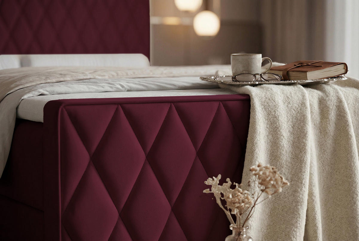 BOXBETT PONTI III 200x200 cm Bordeaux (Samt) - mit 2 Bettkästen, Bonellmatratze und Rautensteppung - Bordeaux, Holzwerkstoff/Textil (200/200cm) - Ravio