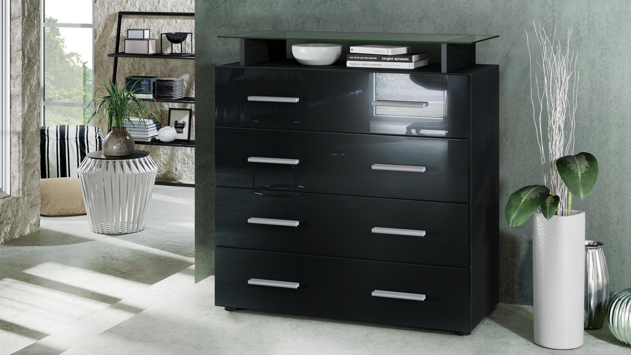 KOMMODE Pavos Schwarz Hochglanz - Schwarz Hochglanz, Holzwerkstoff (76/81/35cm) - Vladon