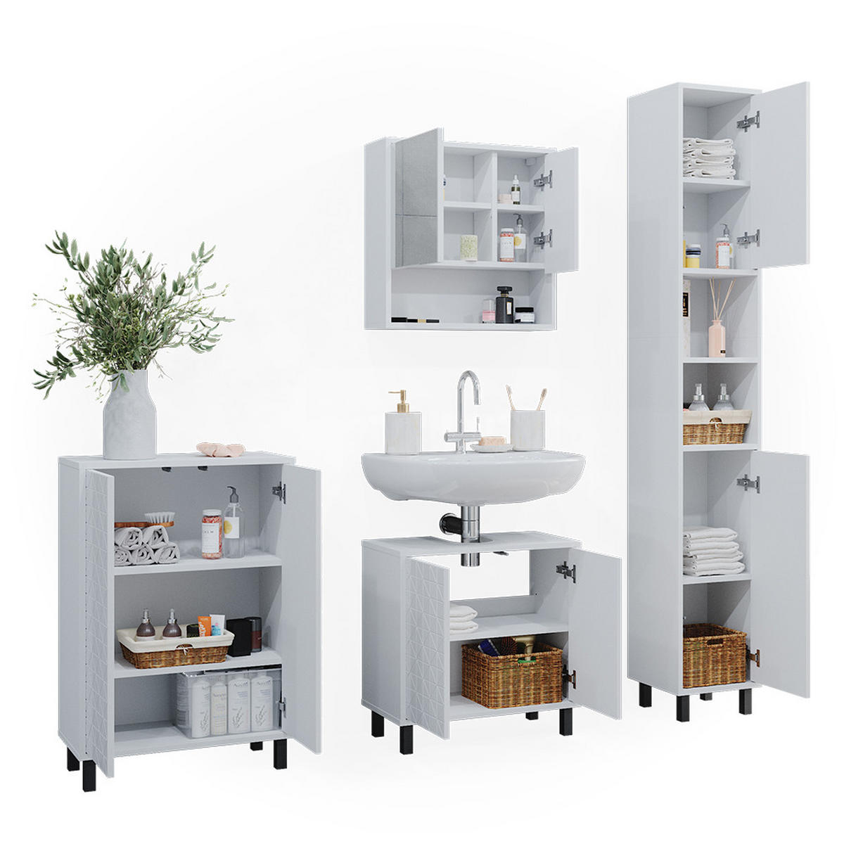 BADMÖBEL-SET Agasta Weiß 4 Teile, mit Hochschrank - Weiß, Holzwerkstoff (56/57/28cm) - Vicco