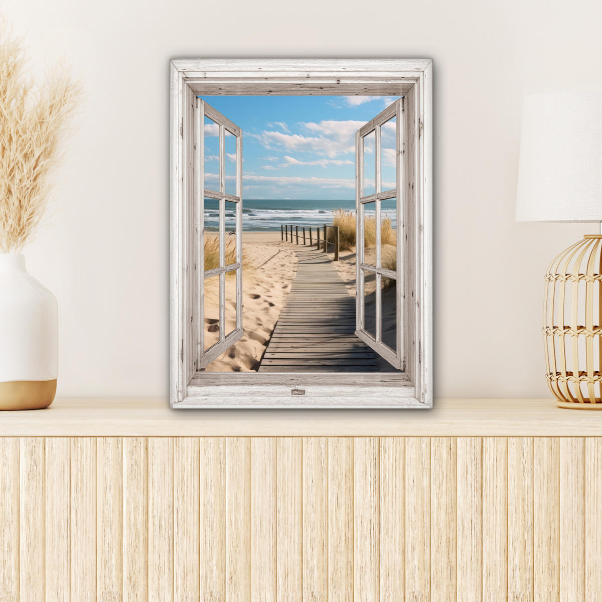 LEINWANDBILD Fenster - Meer - Küste - Natur - Ausblick - Strand - Wattenmeer 30x40 cm - Beige, Textil (30/40cm) - MuchoWow