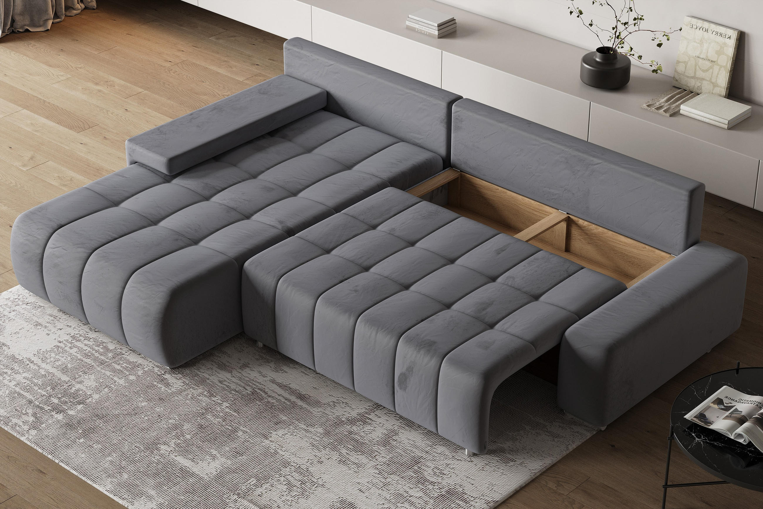 ECKSOFA ALESE L-S Grau Velours-Stoff mit Schlaffunktion - Grau, Holz (265/185cm) - MASSENO