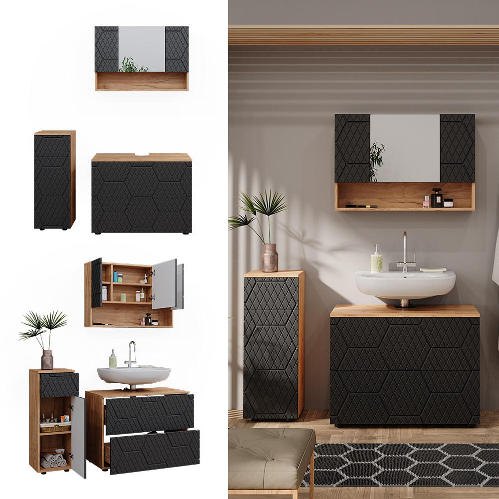 BADMÖBEL-SET Irma Anthrazit gestreift 3 Teile - Honigeiche/Anthrazit, Holzwerkstoff (80/58.6/41cm) - Vicco