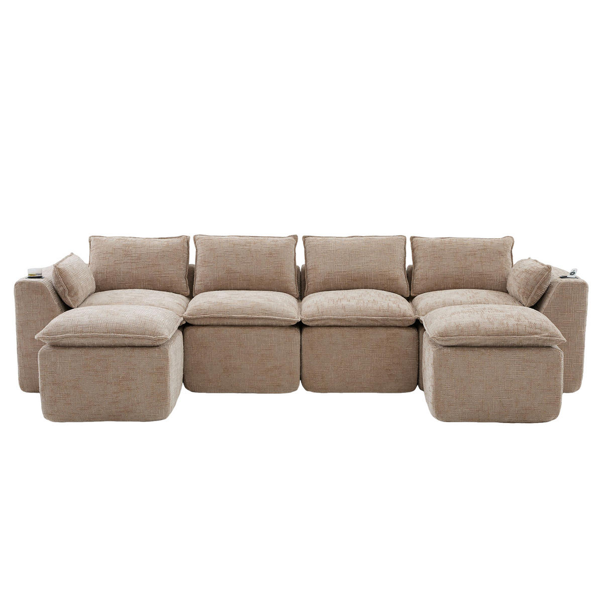 CANAPEA CU 4 LOCURI din chenille, cu 2 taburete și suporturi pentru băuturi - nisipiu, material textil (322/75/161cm) - Urban Meuble