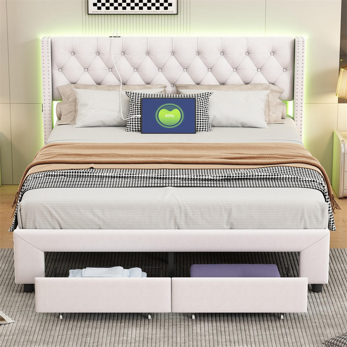 POLSTERBETT 160x200 cm mit LED-Beleuchtung - mit USB-Ports, Seitentaschen und 2 Schubladen - Kopfteil im Nieten-Design - Beige, Textil (160/200cm) - DELFA