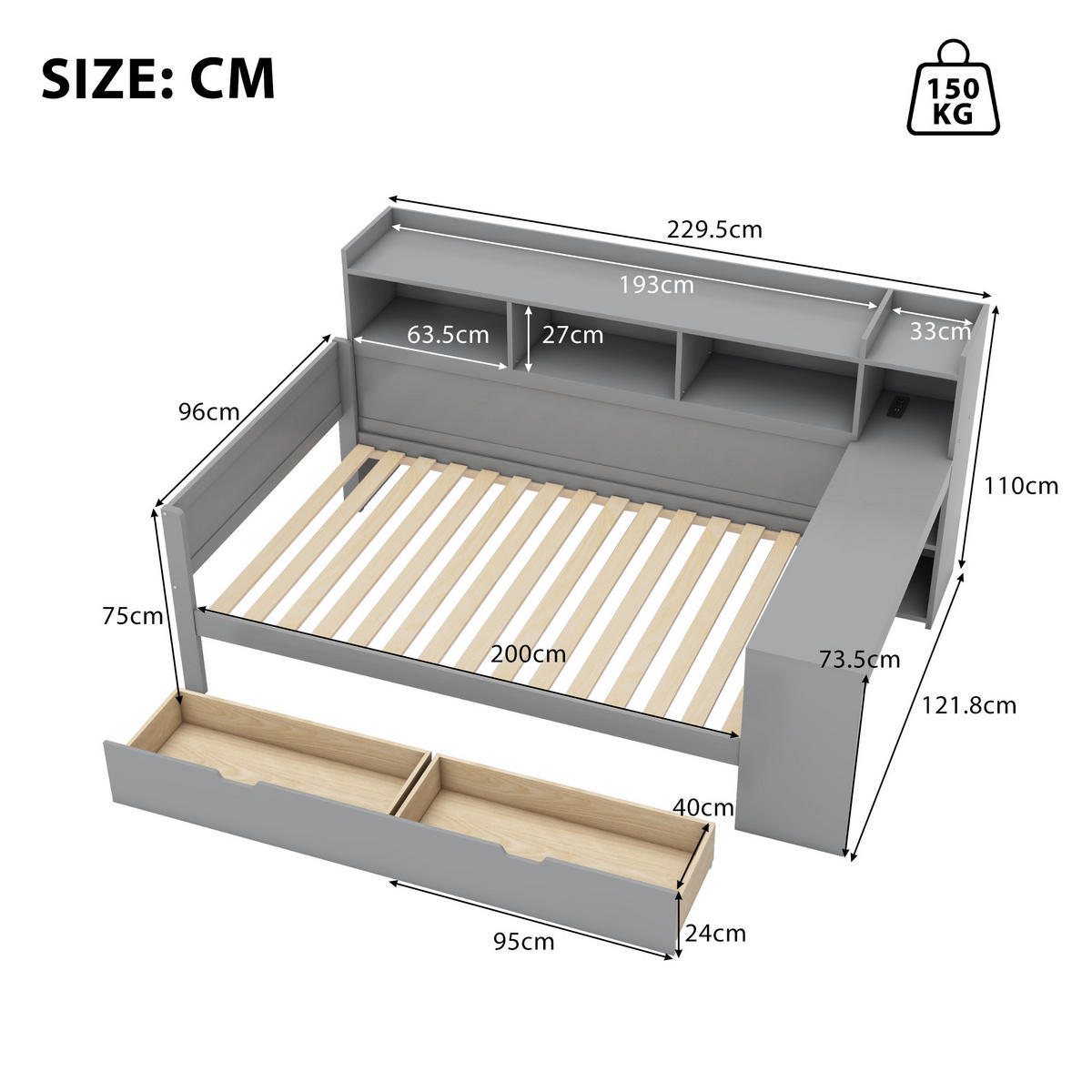 SCHLAFSOFA 90x200cm Grau Spanplatte Nachttischablage Schreibtisch USB - Grau, Holz (90/200cm) - FLIEKS