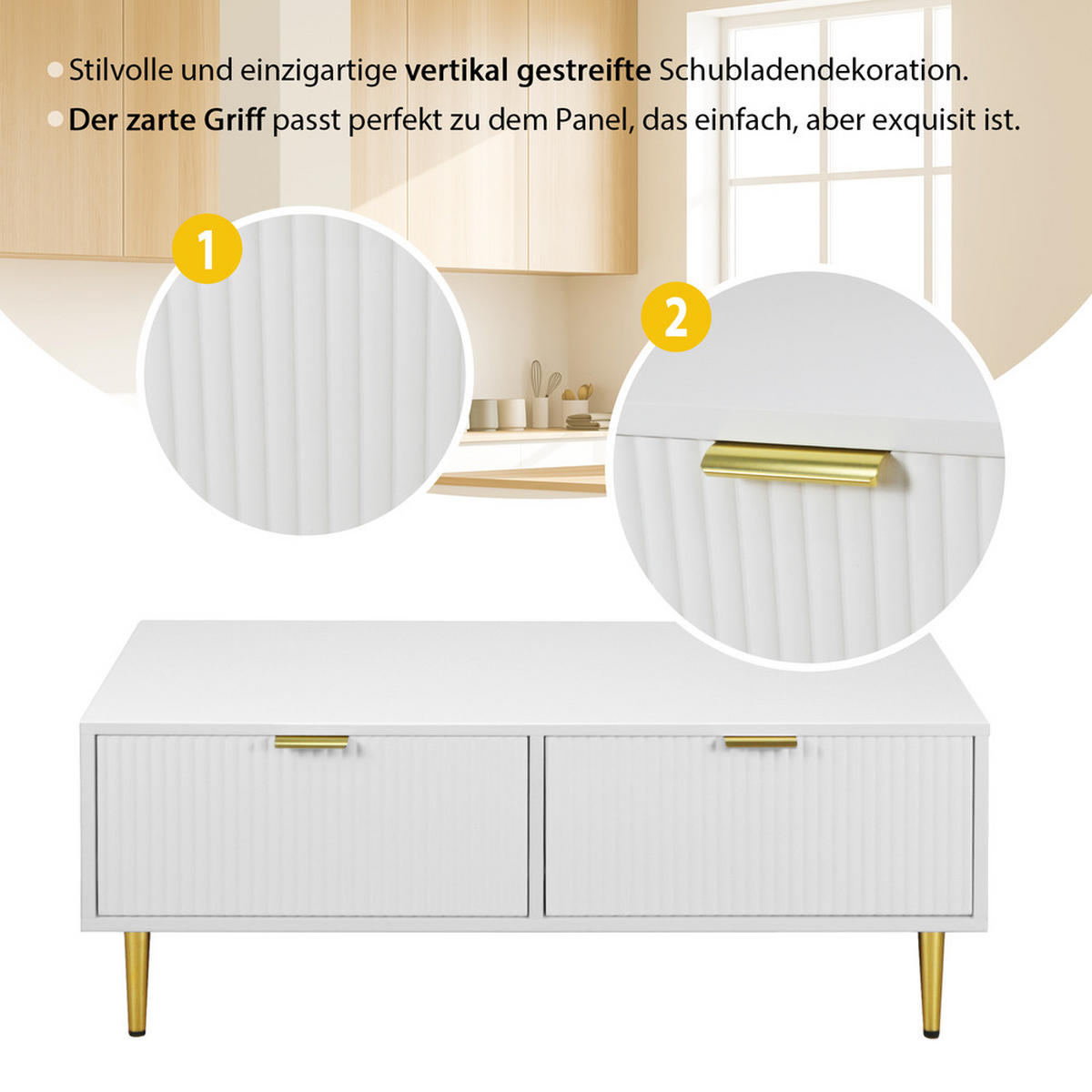COUCHTISCH 100x50cm Weiß Gold Akzente 2 Schubladen Streifendesign Modern - Weiß, Holz (114/59/14cm) - FLIEKS