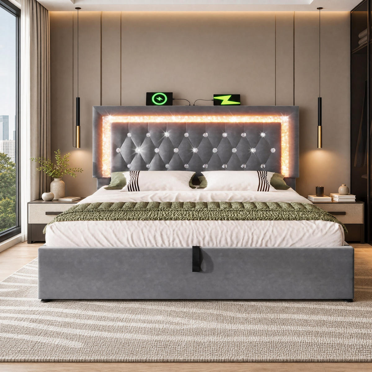 POLSTERBETT 180/200 mit Bettkasten, LED und USB in Grau - Grau, Holzwerkstoff/Textil (180/200cm) - EVRYAE