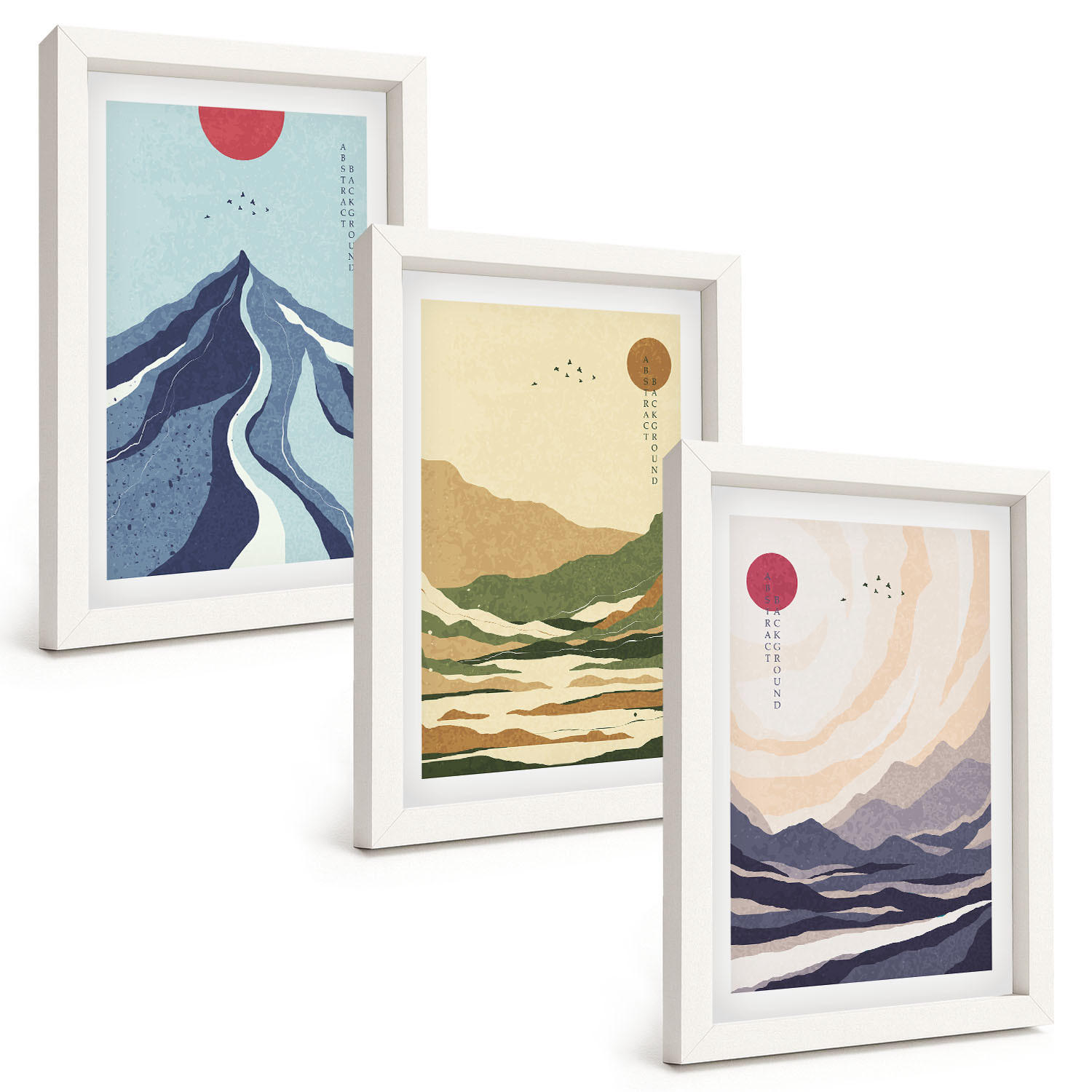 BILDER SET 3er Set - 20x30 cm Weißer Rahmen - Pastellfarbene Berge im Japandi-Stil - Weiß, Kunststoff (20/30cm) - TULUP