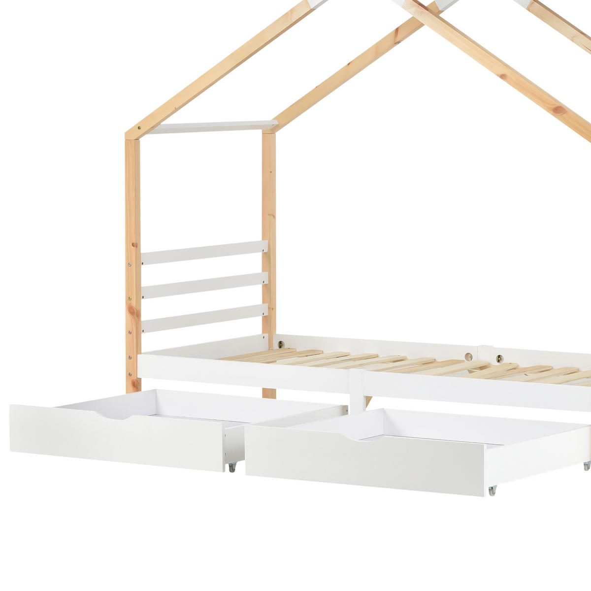 HAUSBETT 90/200 cm in Weiß im Haus-Design mit Schubladen aus Kiefer-Massivholz - Weiß, Holz/Holzwerkstoff (90/200cm) - CHICFURN