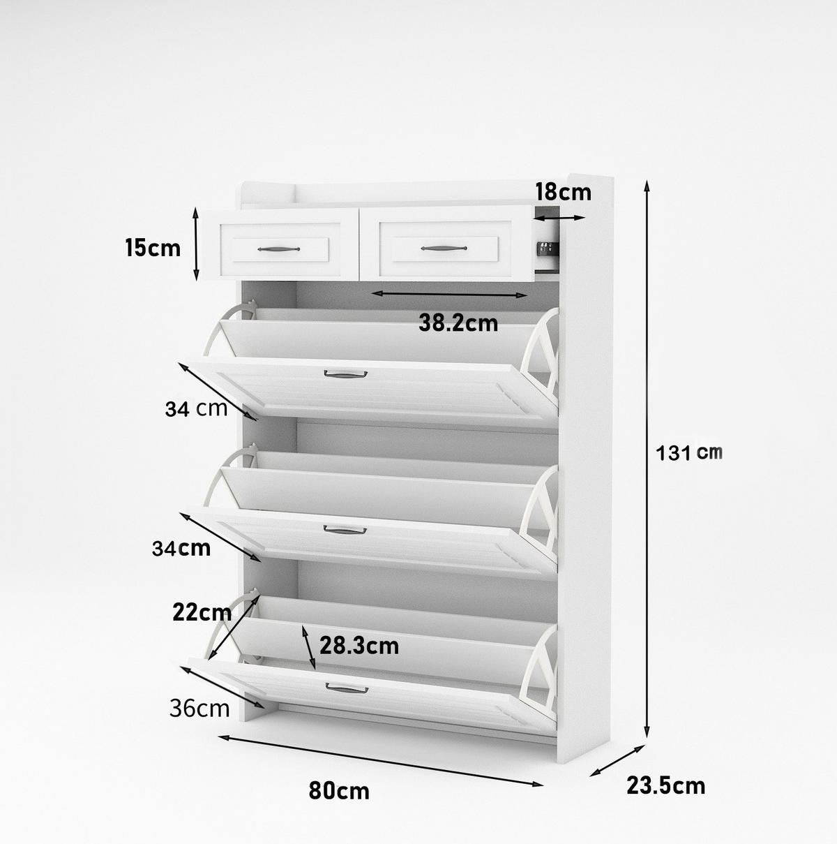 SCHUHSCHRANK aus Spanplatte 80x23,5x131cm in Weiß mit 3 Klappen & 2 Schubladen - Weiß, Holzwerkstoff (80/131/23.5cm) - Modfu
