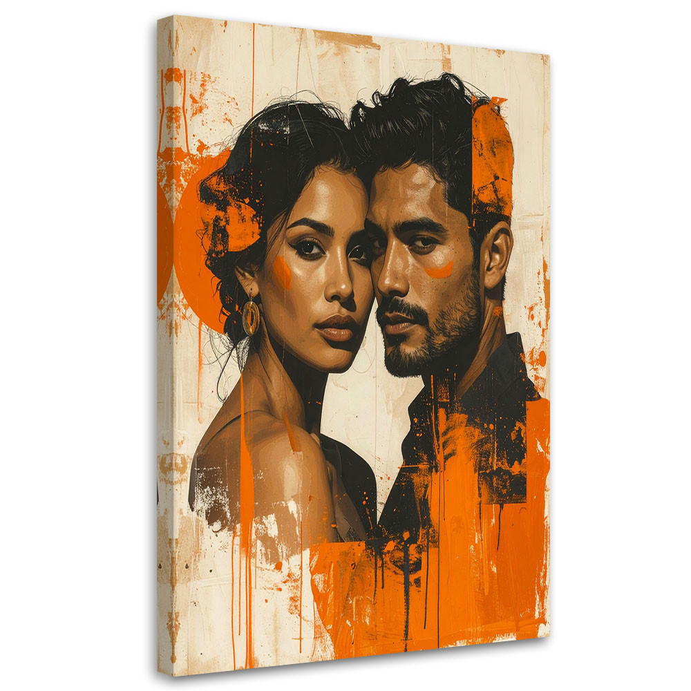 BILD auf Leinwand, Künstlerisches Porträt eines Mannes und einer Frau mit orangefarbenem Hintergrund - Orange, Textil (60/90cm) - Feeby