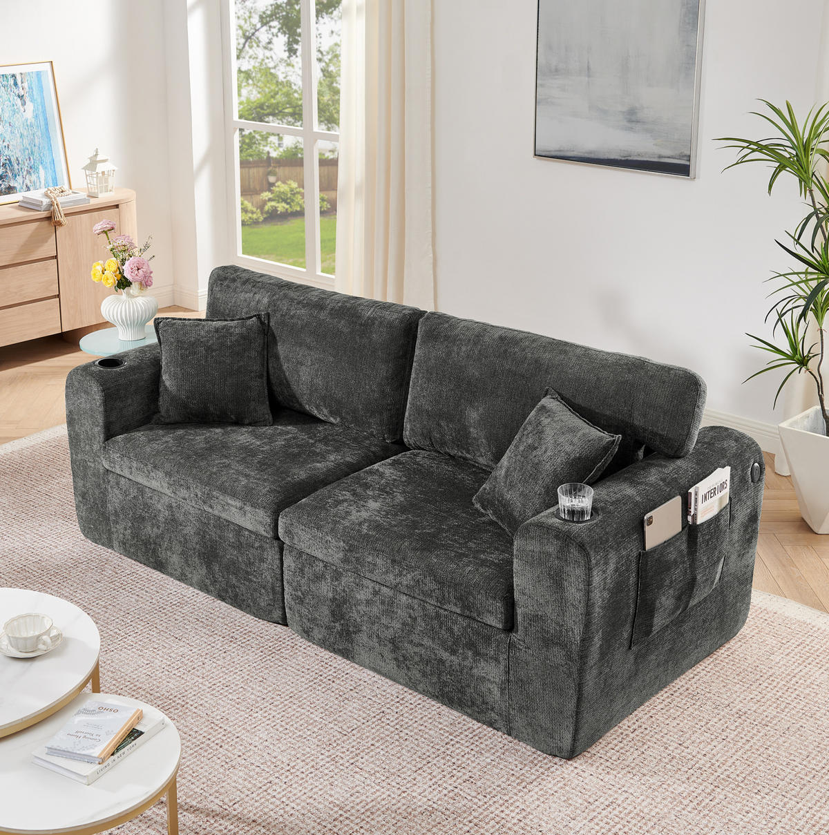 2-SITZER-RELAXSOFA mit Getränkehalter und Tasche, Chenille Schwarz - Schwarz, Kunststoff (220/89/100cm) - Meubliv